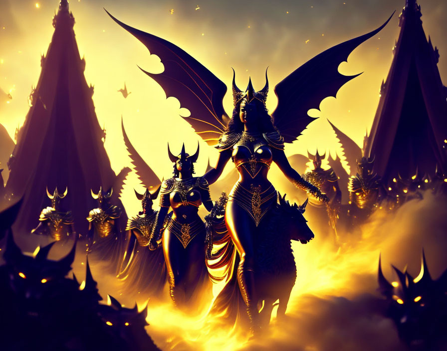 Fantasy art: Winged, armored figures in fiery, golden setting