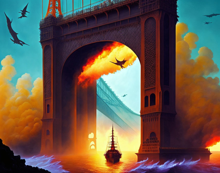 Fantastical scene: Massive bridge ablaze over ship in surreal fiery landscape