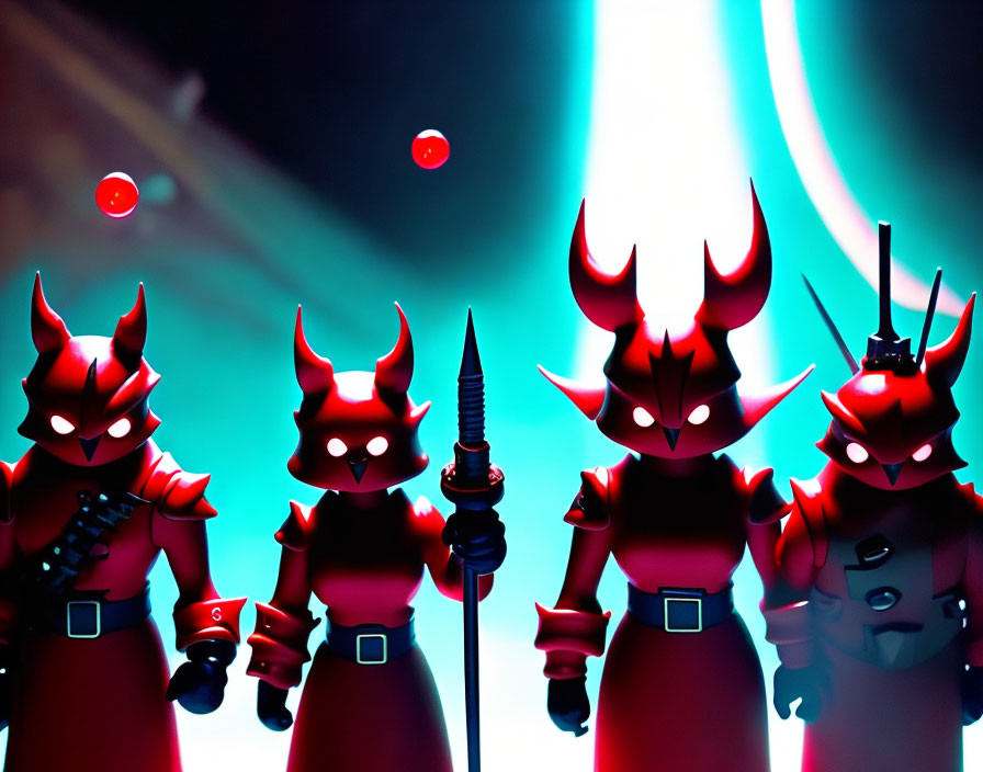 Stylized ninja warrior figurines in red and black costumes with demonic masks against vibrant backdrop.