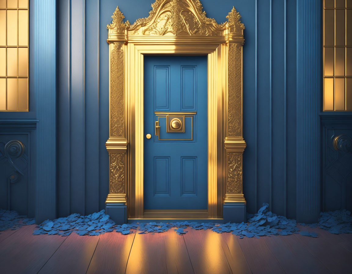 Intricate Golden Door Frame & Blue Door in Warm Light