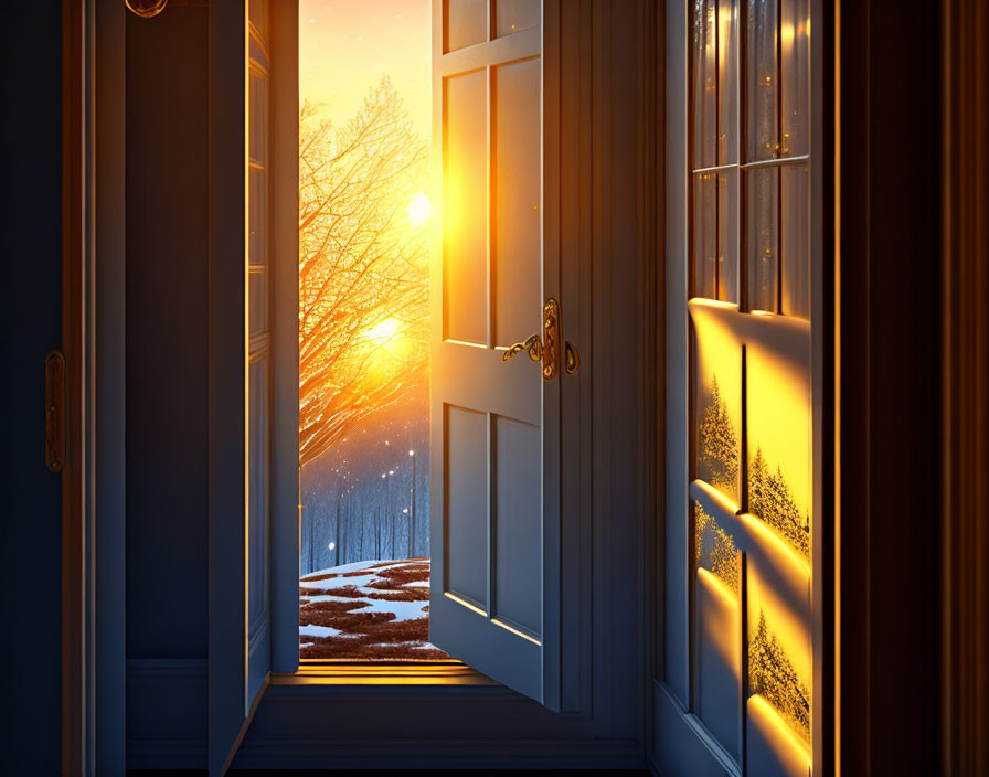Snow-covered trees under warm sunrise through open door.