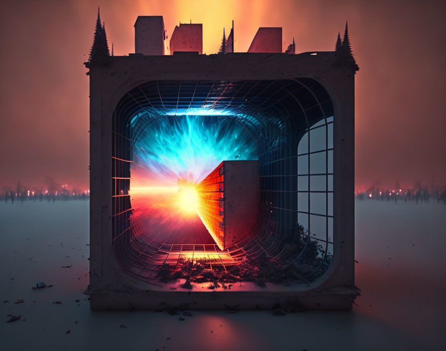 Surreal cosmic event captured in cube structure landscape.
