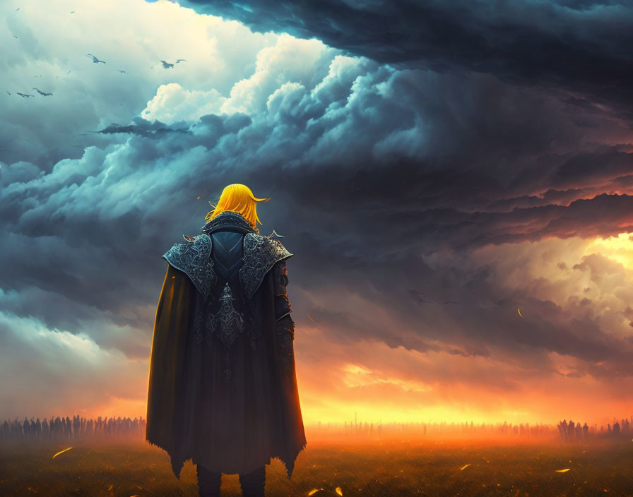 Blonde-haired figure in cloak under stormy sunset sky