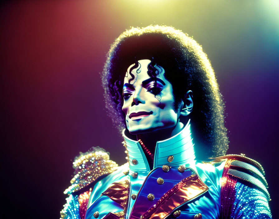 Man with Voluminous Hair in Military Jacket Under Colorful Stage Lighting