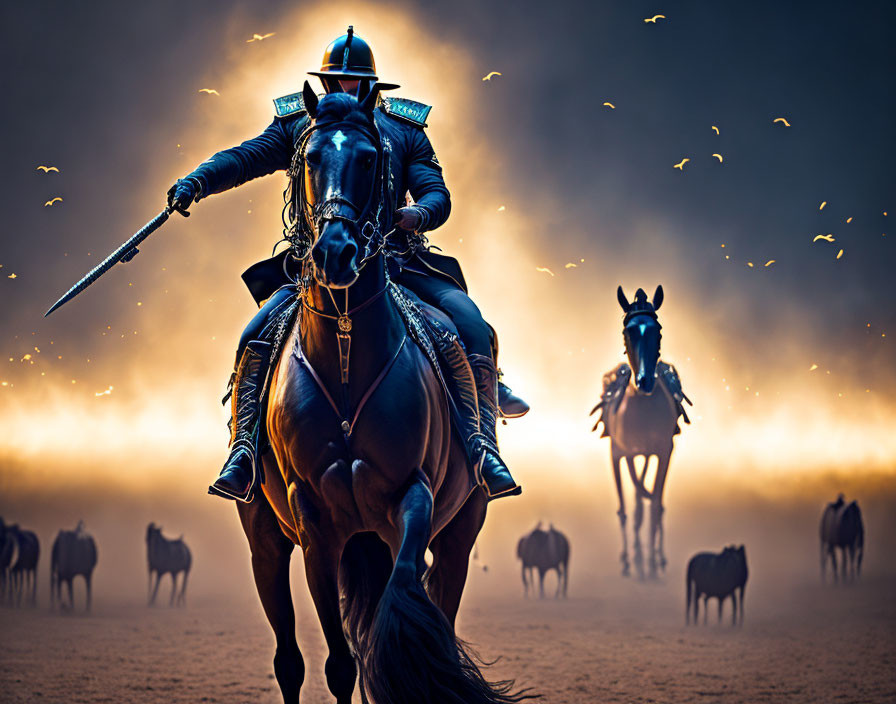 Armored knights on horses in a dusty landscape with one knight holding a spear