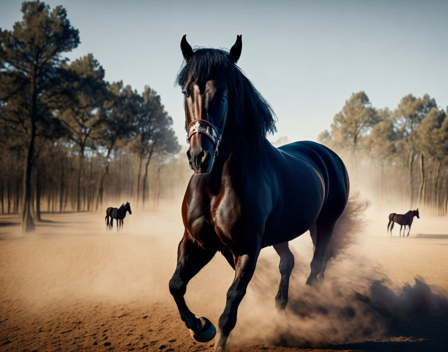 Majestic Black Horse Galloping in Sandy Area