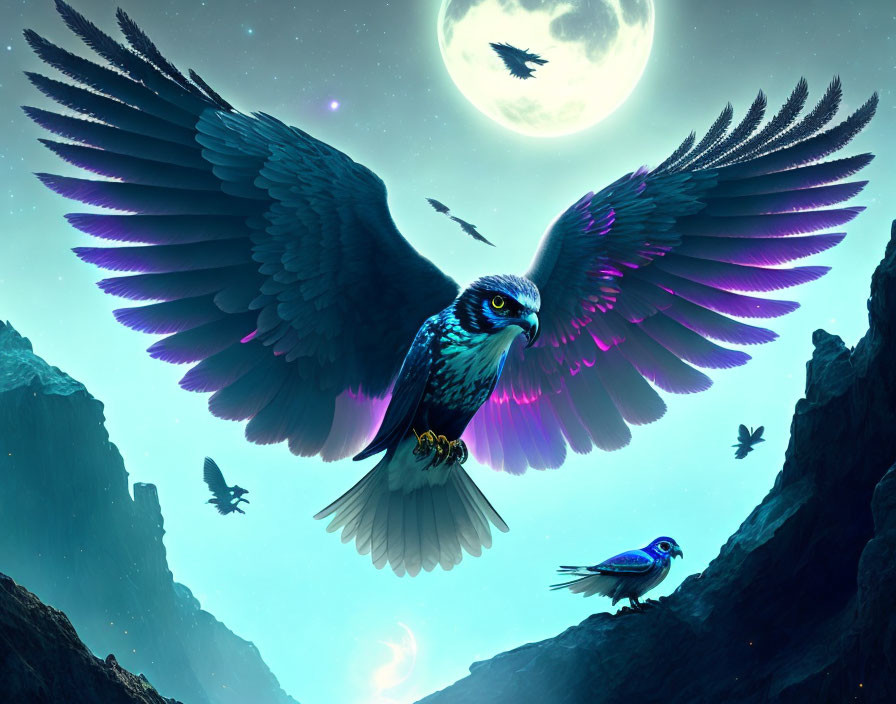 Majestic eagle flying over nighttime canyon with moon and stars