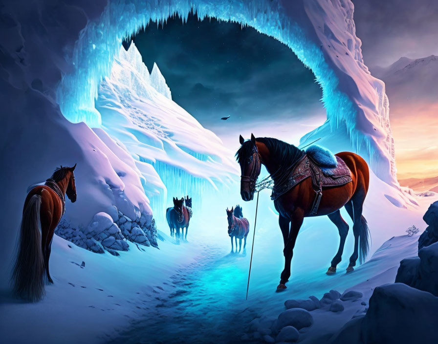 Majestic horses by icy cave entrance under twilight sky