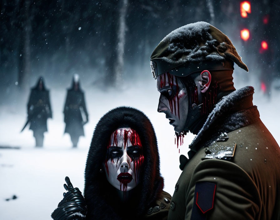 Person in white and red face paint with military coat in snow scene.