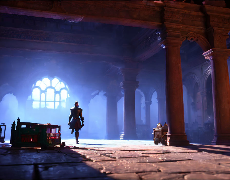 Solitary figure in grand, dimly lit hall with towering pillars and sunlight glow.