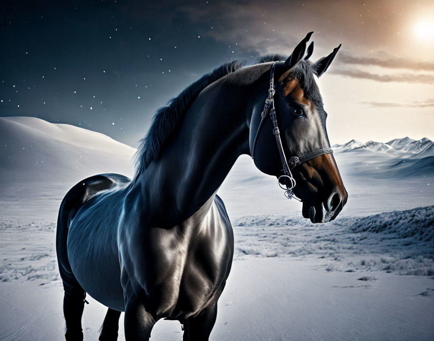 Black horse in snowy landscape with mountains & starry sky