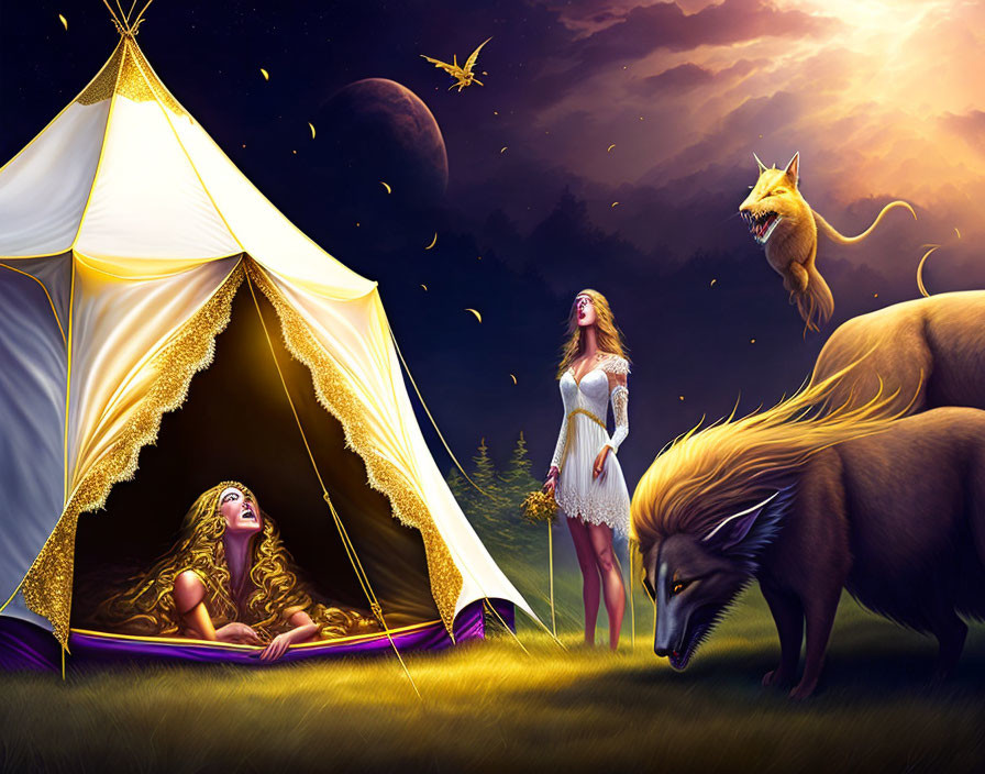 Fantastical twilight scene with women, winged fox, and magical creatures