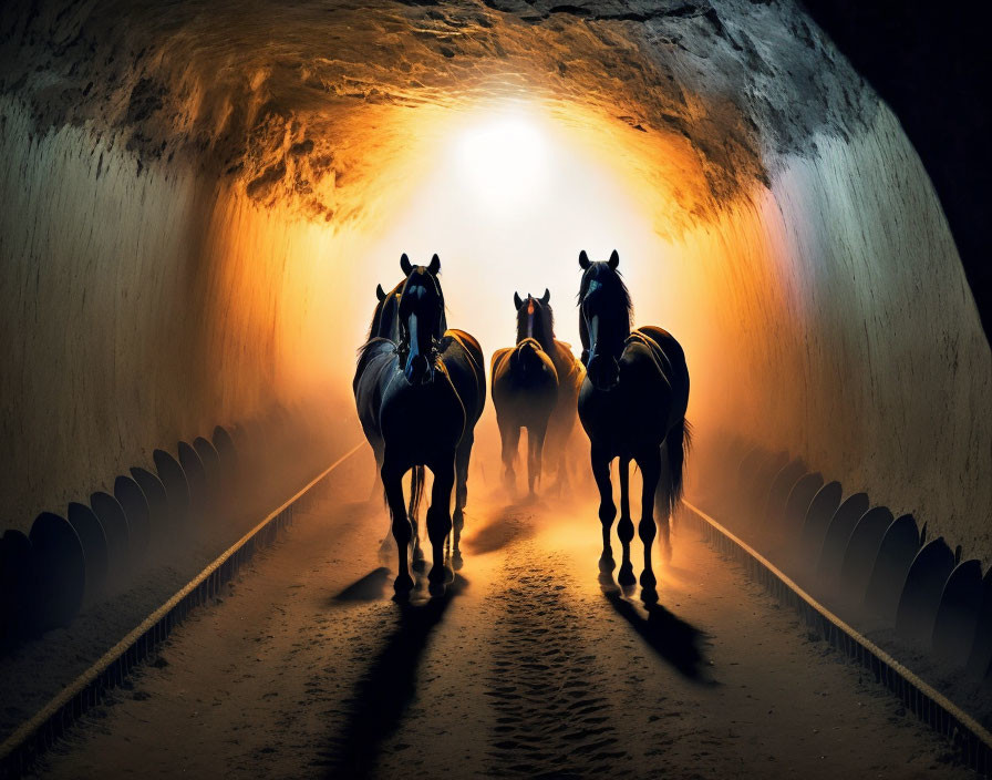 Three horses moving towards light in dark tunnel