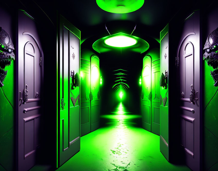 Symmetrical neon green-lit corridor with futuristic doors and intricate patterns