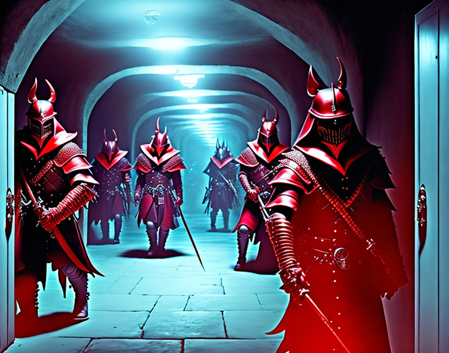 Armored knights in crimson and black marching through dimly lit tunnel