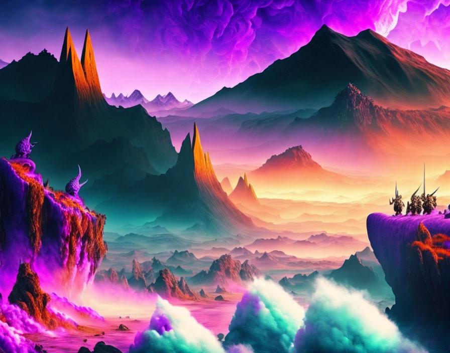 Majestic purple mountains in ethereal skies and misty valleys