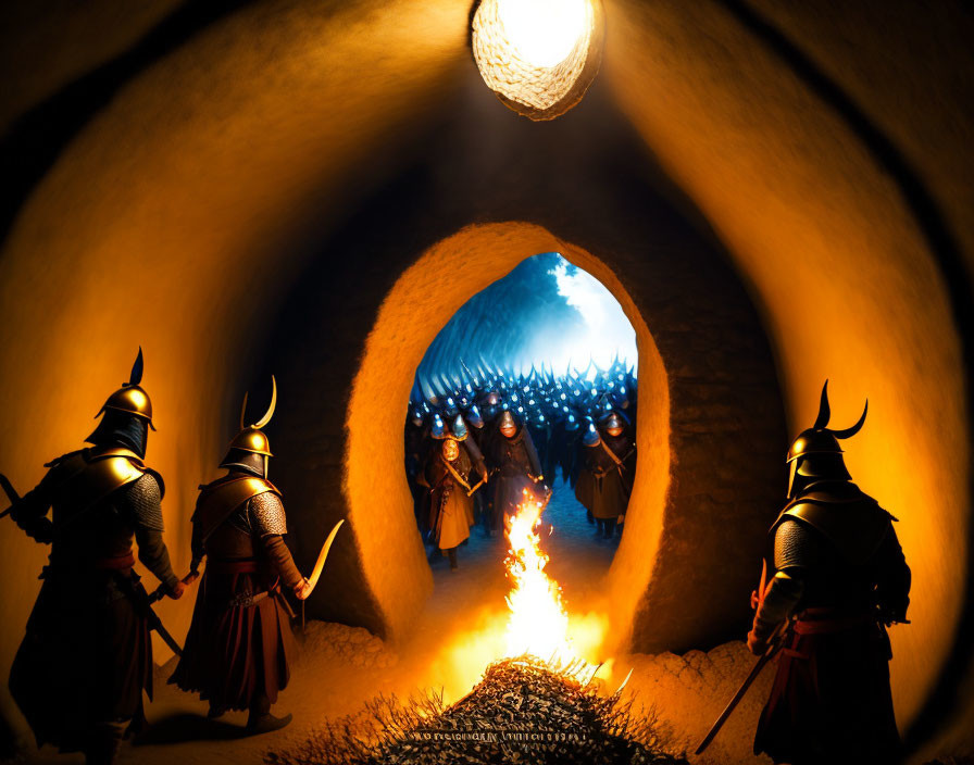 Warriors in Horned Helmets Guard Fire in Icy Tunnel