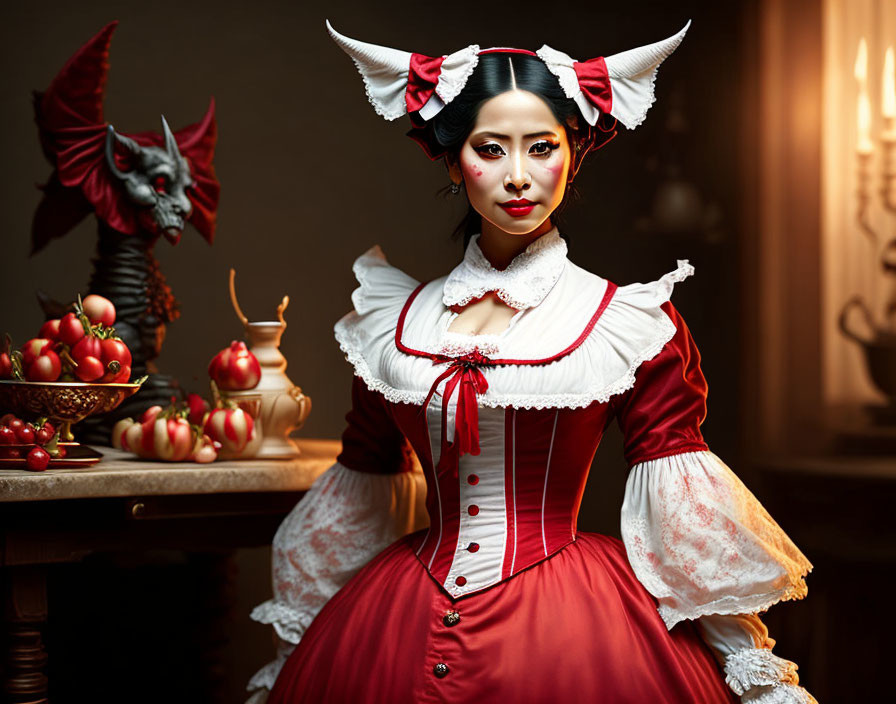 Woman in ornate red and white costume with gothic makeup and table with apples and winged creature