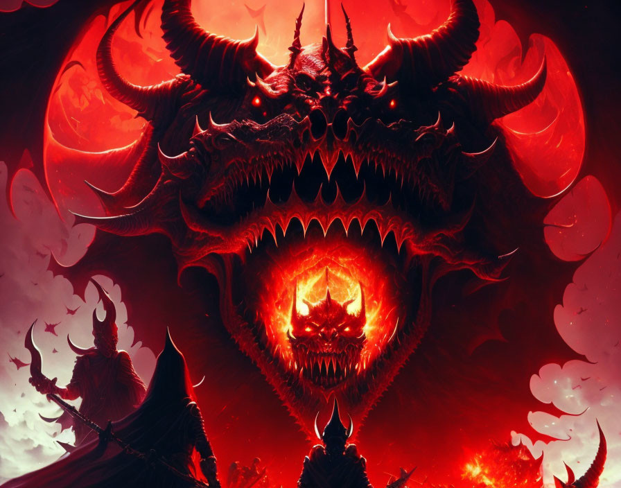 Fantasy artwork: Giant dragon with glowing eyes and cloaked figures under red sky