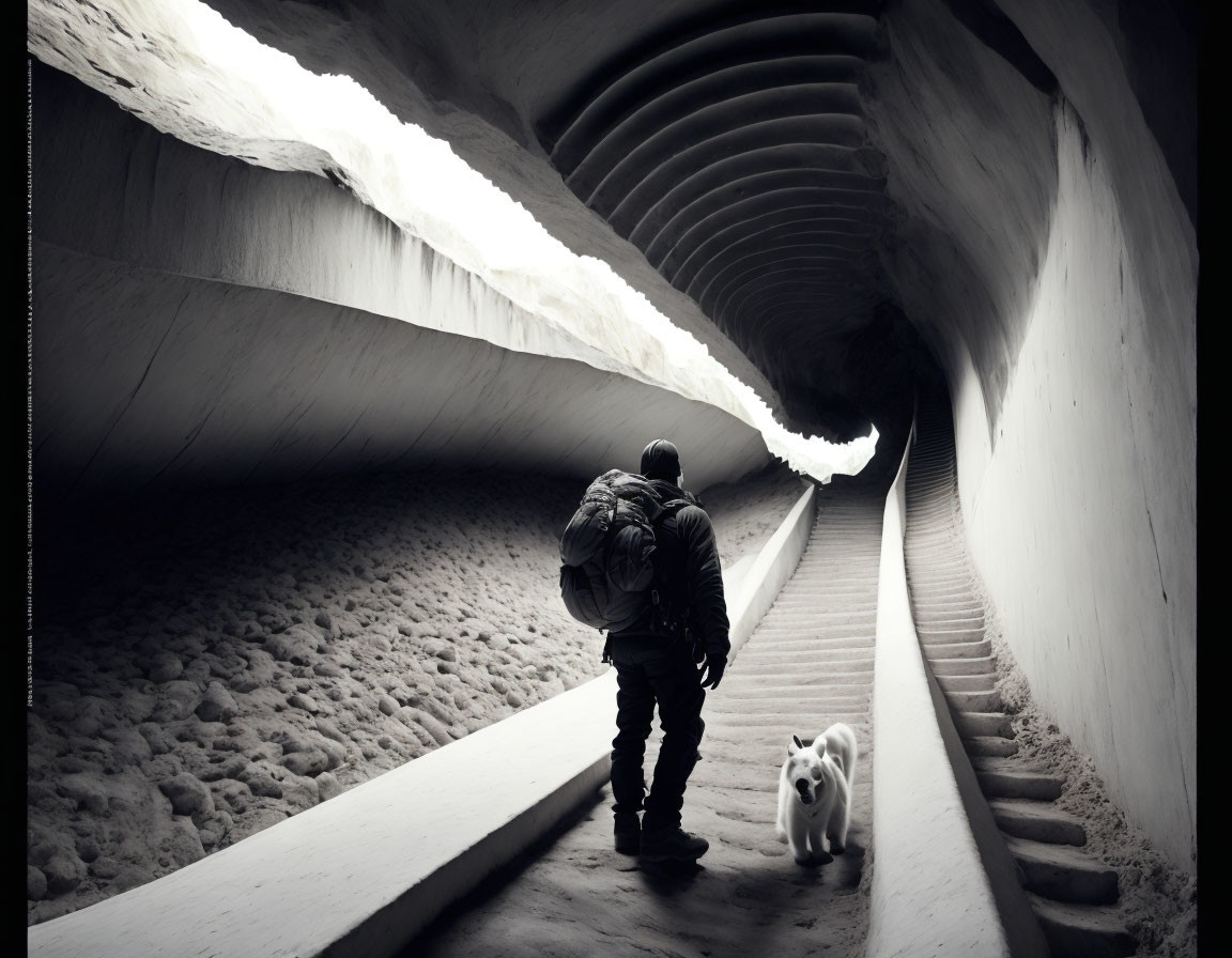 Person with backpack walking through ribbed tunnel with small dog - light streaming in