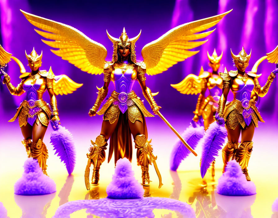 Winged warrior women in golden armor on clouds against purple backdrop