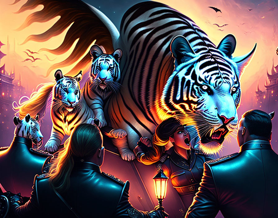 Illustration of four uniformed figures with glowing tigers, pagoda silhouette, dusk sky