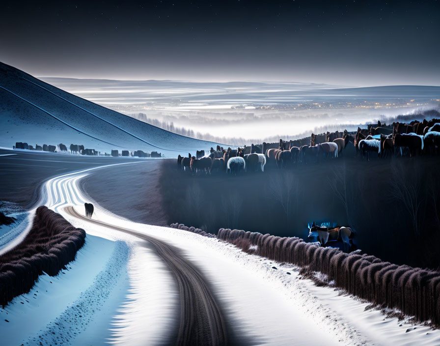 Snowy Night Landscape: Winding Road, Herd of Horses, Distant Town