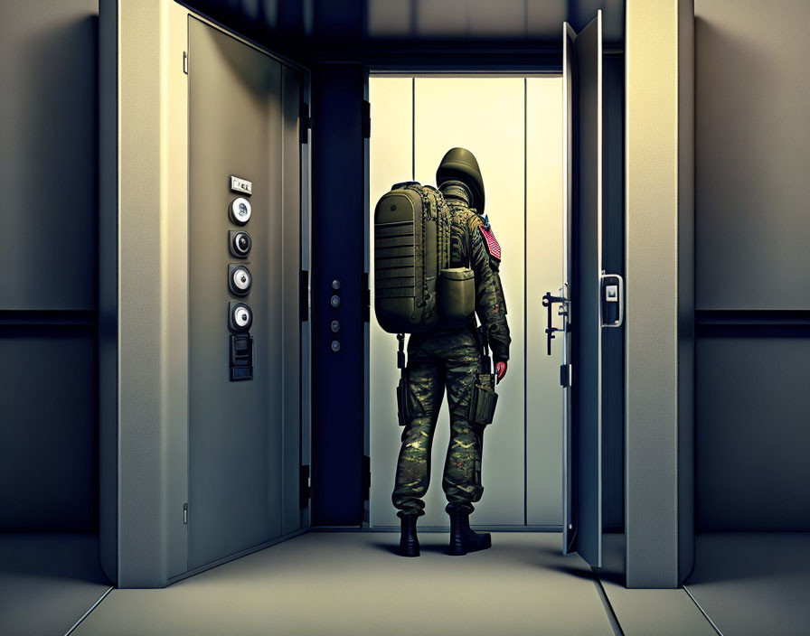 Soldier in full gear standing in elevator looking out at brightly lit corridor