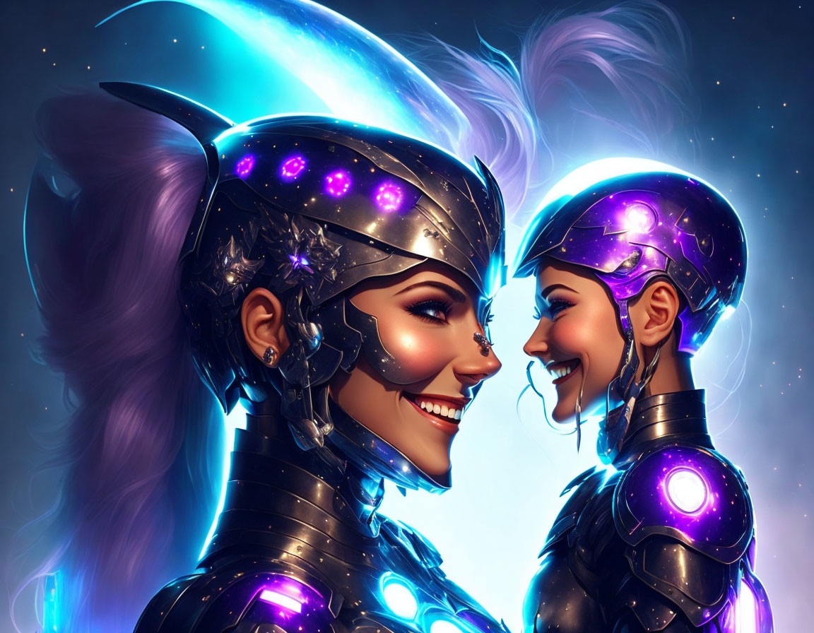 Futuristic female characters in glowing purple armor helmets smiling against starry backdrop