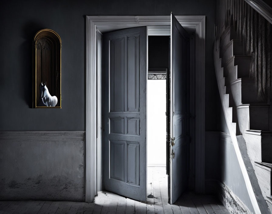 Bright space beside staircase in dimly lit room with framed flame picture