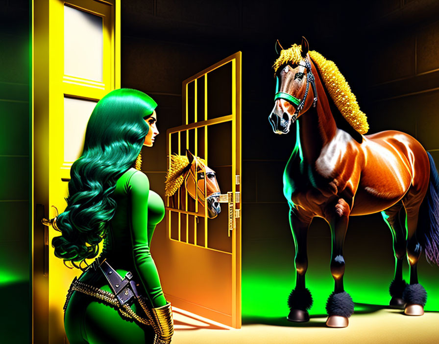 Futuristic woman with green hair meets adorned horse at open door