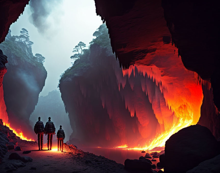 Explorers in a vast cave with orange lava glow and stalactites