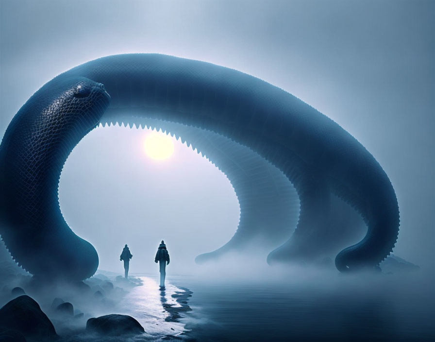 Fantasy artwork: Two figures confront serpent in misty landscape