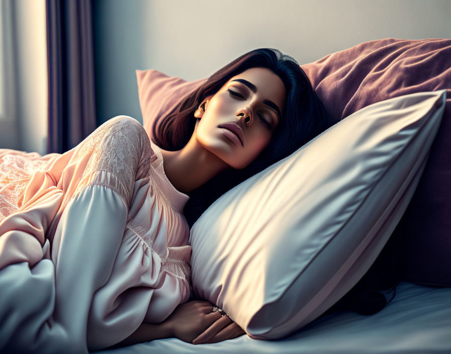 Serene woman sleeping peacefully in a cozy bed