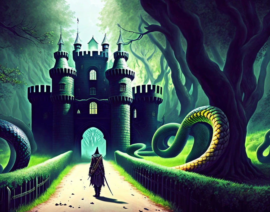 Mysterious cloaked figure near castle in mystical forest with serpent.