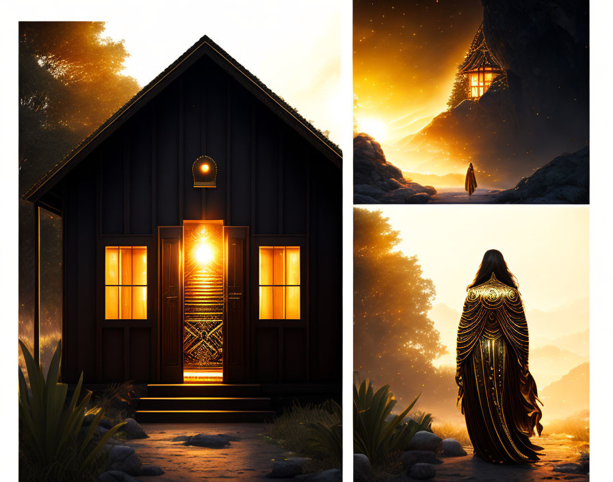 Mystical house triptych in dreamy landscape with cloaked figure