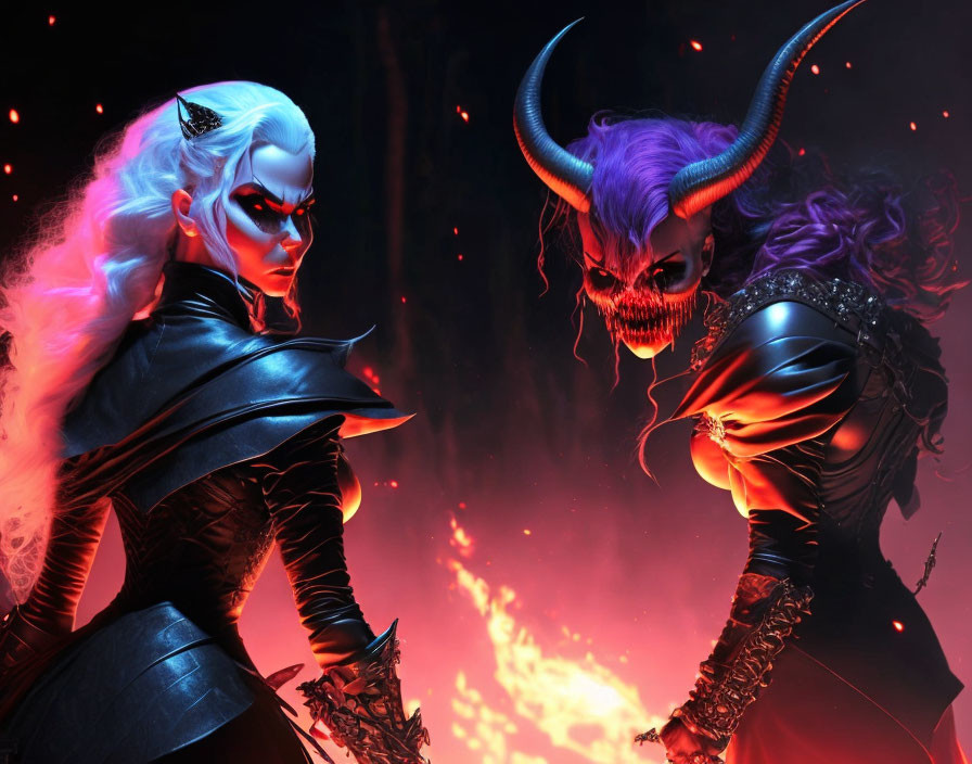 Fantasy characters with white and purple hair in fiery setting