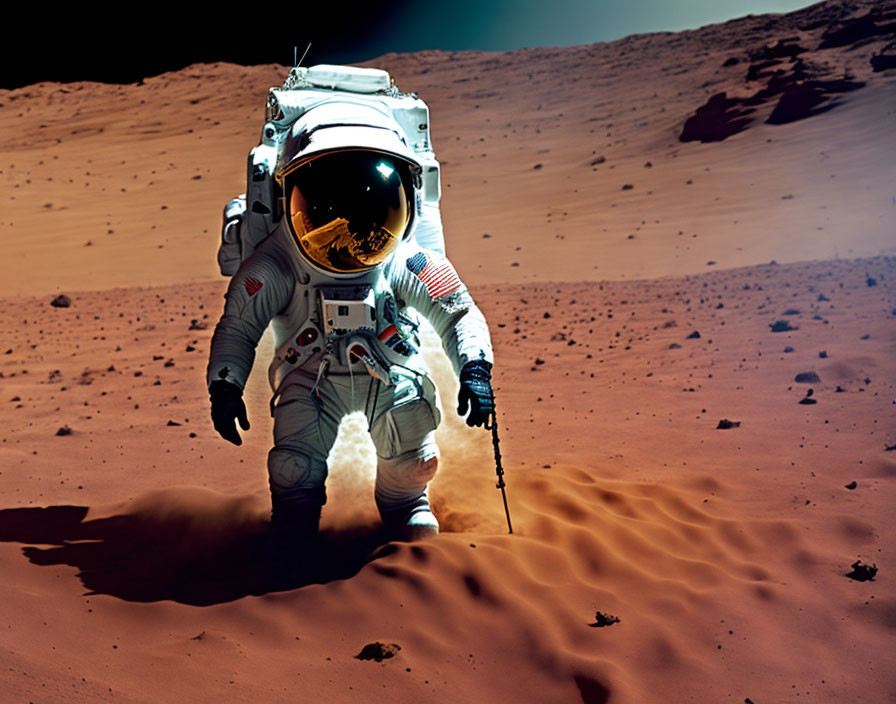 Astronaut walking on sandy Martian surface