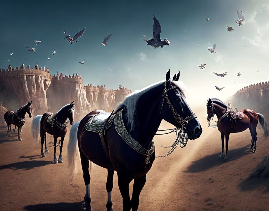 Decorated horses in desert with fortress and birds in dramatic sky