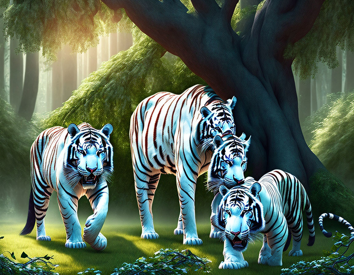 Four White Tigers with Black and Blue Stripes in Lush Green Forest