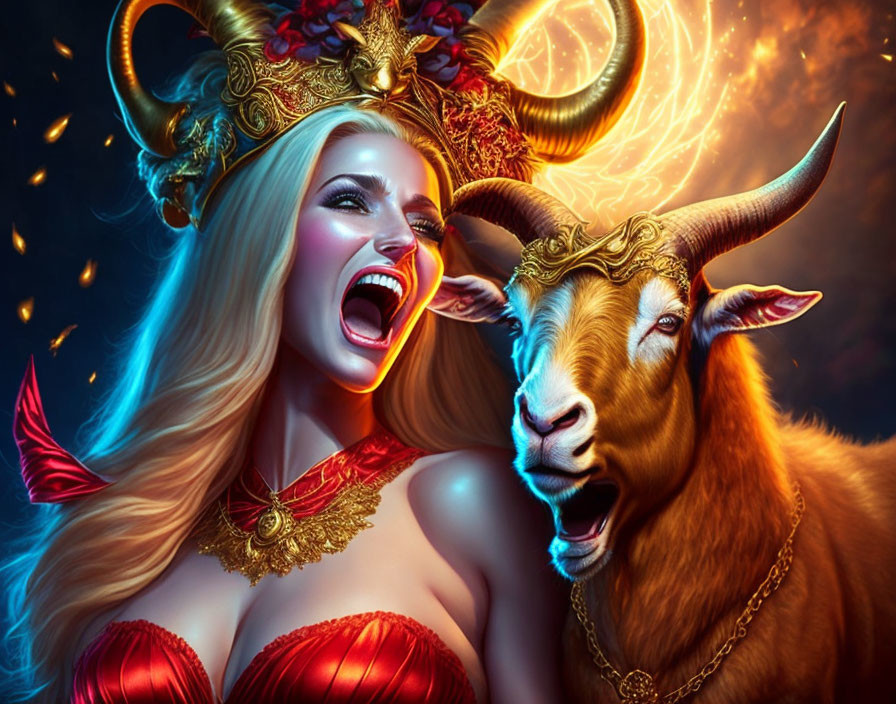 Woman in red and gold costume with horned headpiece laughing with golden-horned goat in mystical