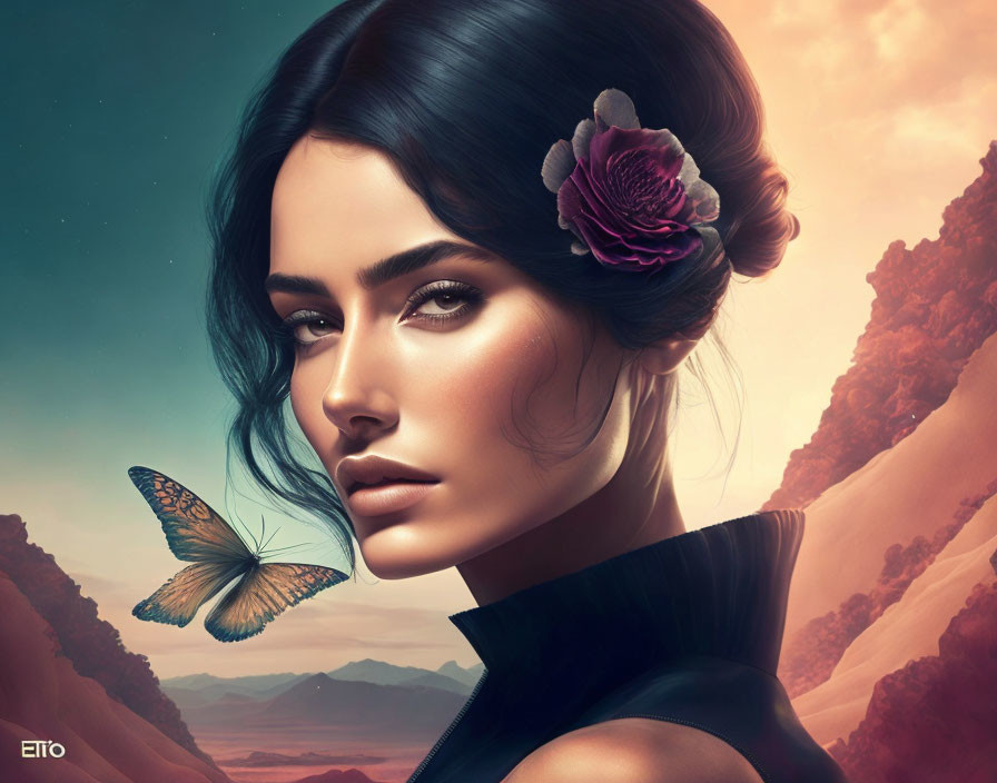 Woman's portrait with blue hair, pink flower, butterfly, surreal mountain backdrop