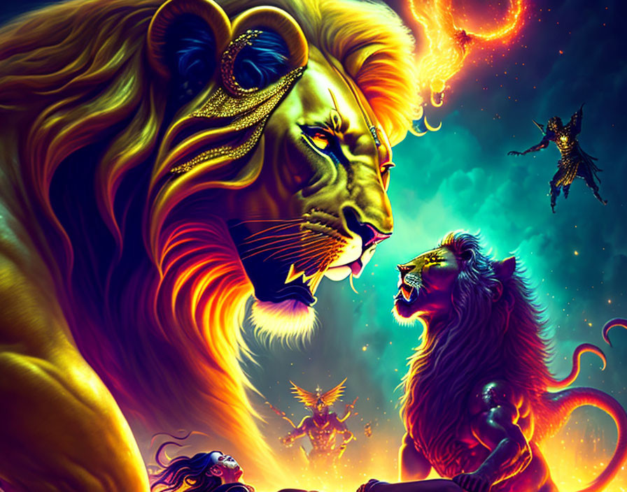 Vibrant digital artwork of golden lions against cosmic backdrop