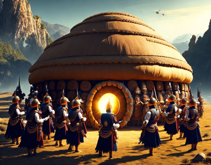 Armored warriors with spears outside ornate hut and mountains