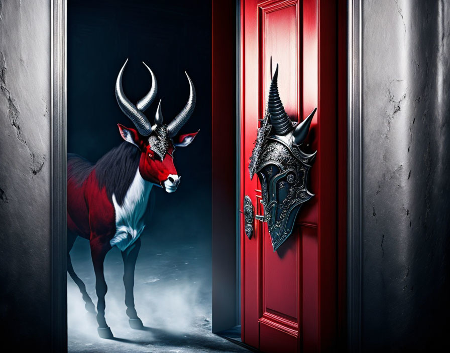 Stylized image: Banteng bull, ornate helmet, vibrant red door