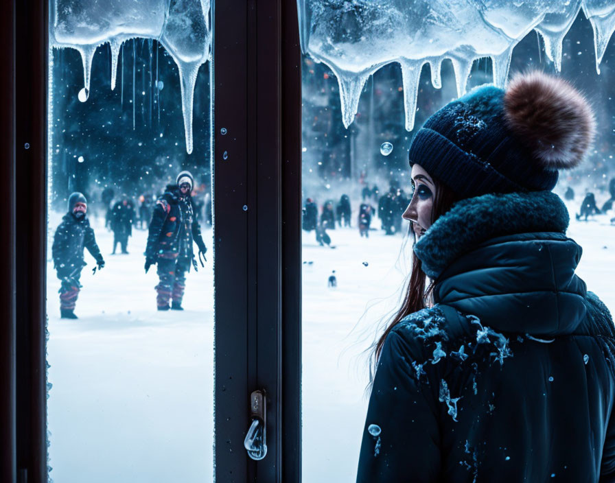 Woman in winter clothing gazes through frosty window at snowy scene