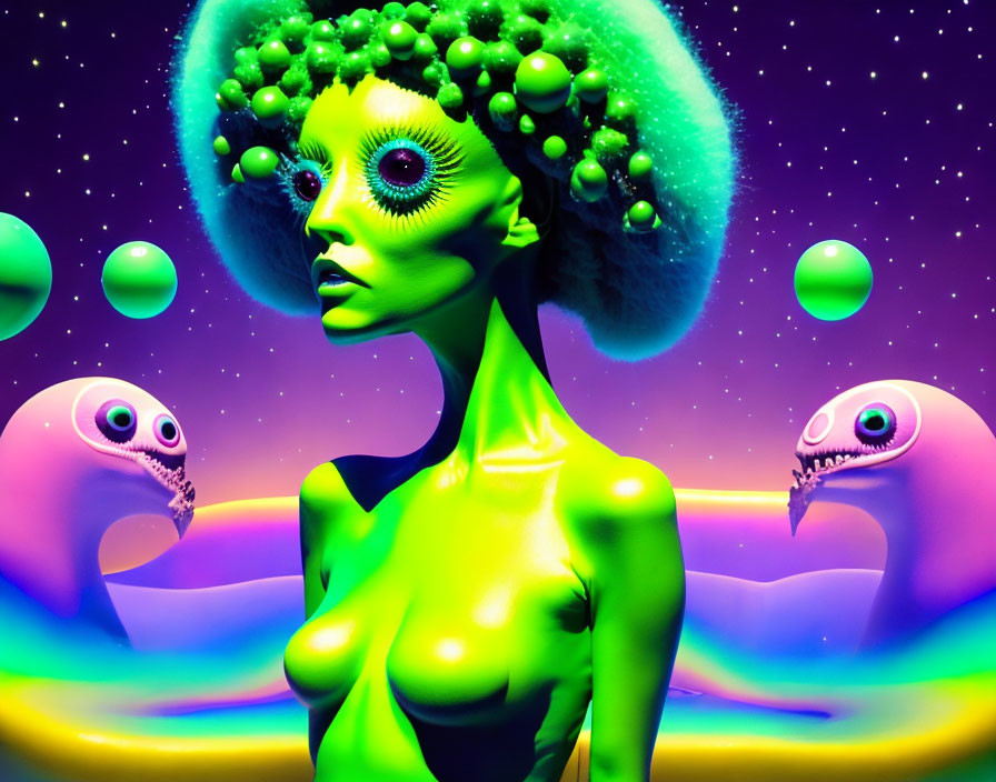 Colorful surreal artwork: Woman with green skin and eyeball-adorned afro, cosmic creatures