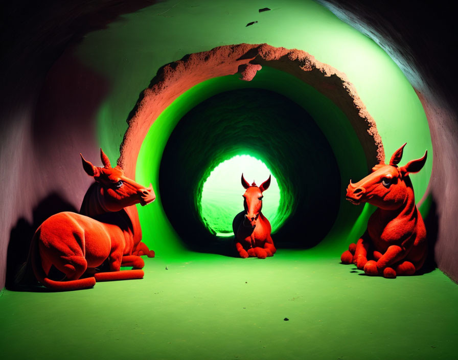 Red mythical creature statues in green-lit tunnel with rough edges