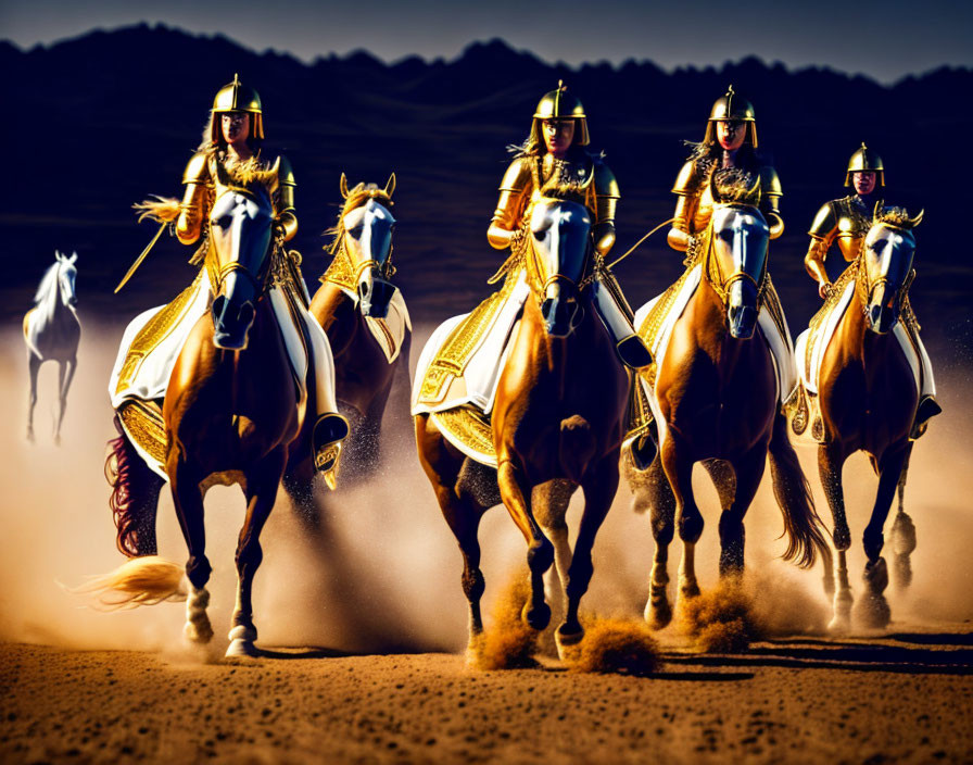 Four armored knights on horseback charging in sandy terrain with ghostly white horse in background