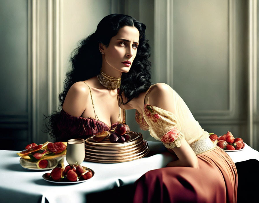 Vintage-style elegant woman in off-shoulder sleeves leaning on table with plates, glass, and fruit